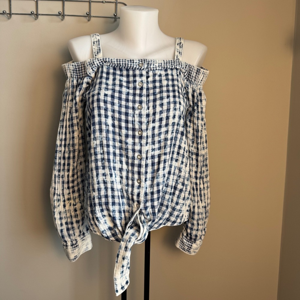 Tribal Jeans Women's Gingham Cold Shoulder Button /‎ Tie Front Top Blue White XS